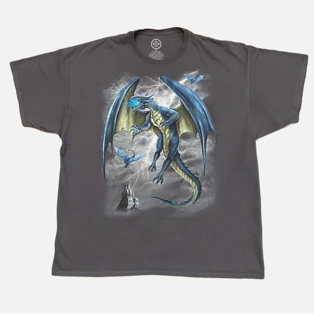 Dragon T-shirt Gray Azure Dragons Lightning Castle Size Men's 3XL